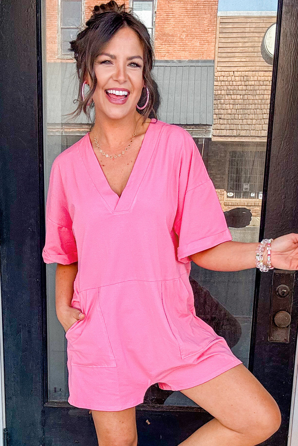 Bonbon Loose Half Sleeve V Neck Plain Romper