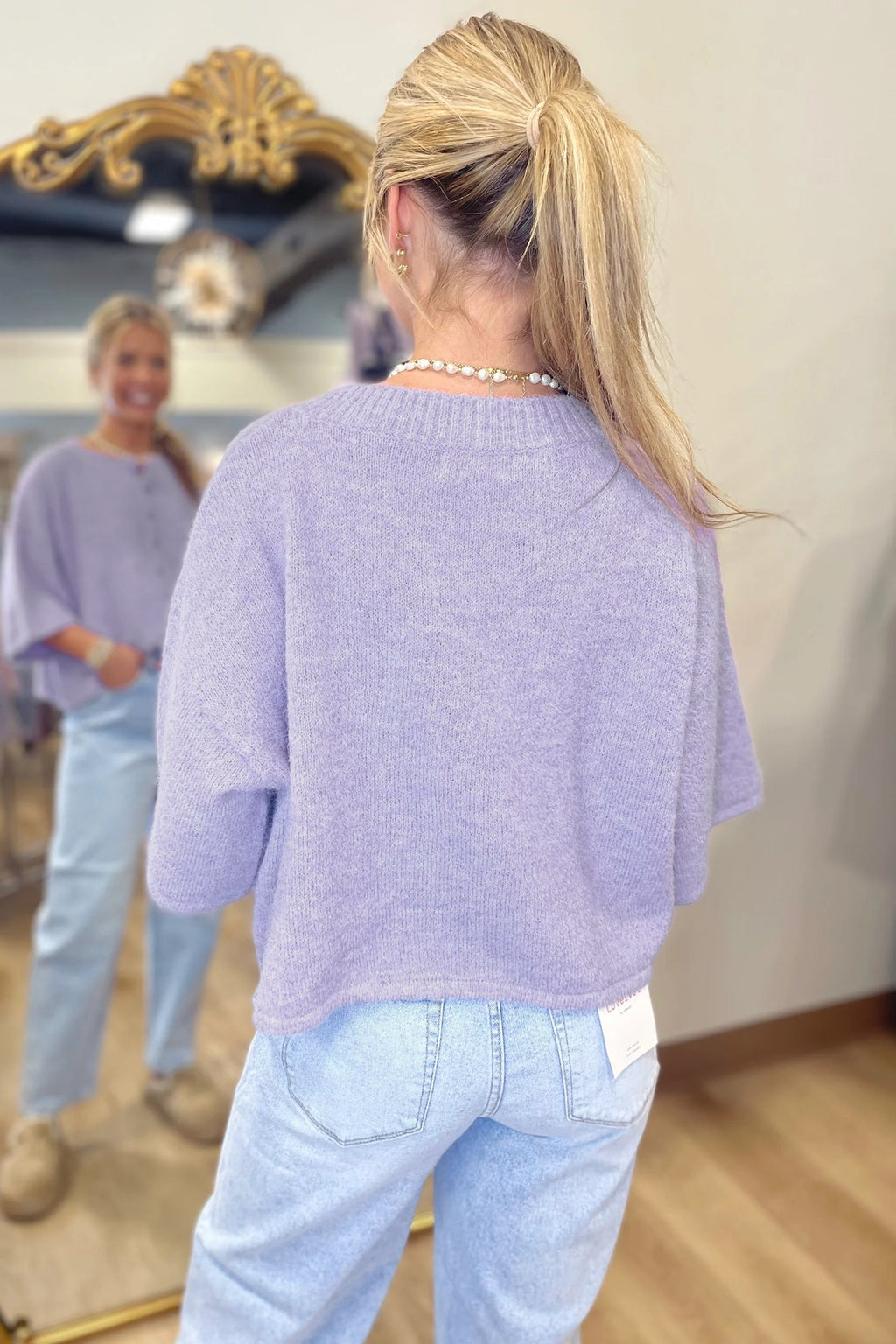 Beau Blue 3/4 Sleeve Boxy Knit Button Down Sweater Cardigan