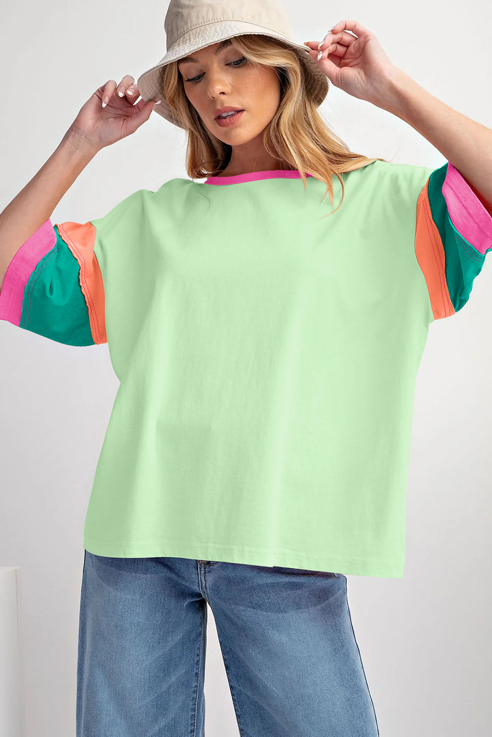 Pink Color Block Stitching Sleeve Round Neck Oversize Top