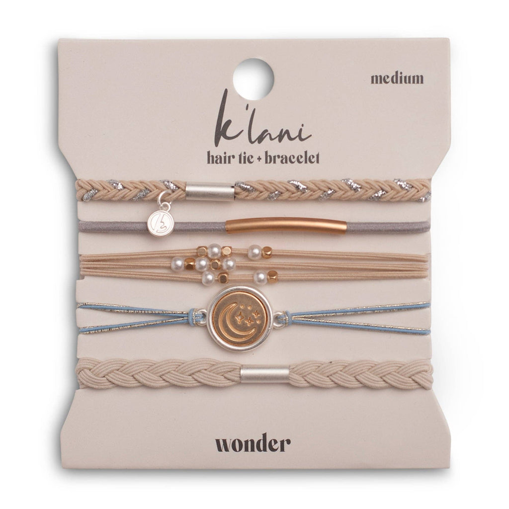 "Wonder" Soft Creams and Blues with Pearls and Gold Hair Tie Bracelets