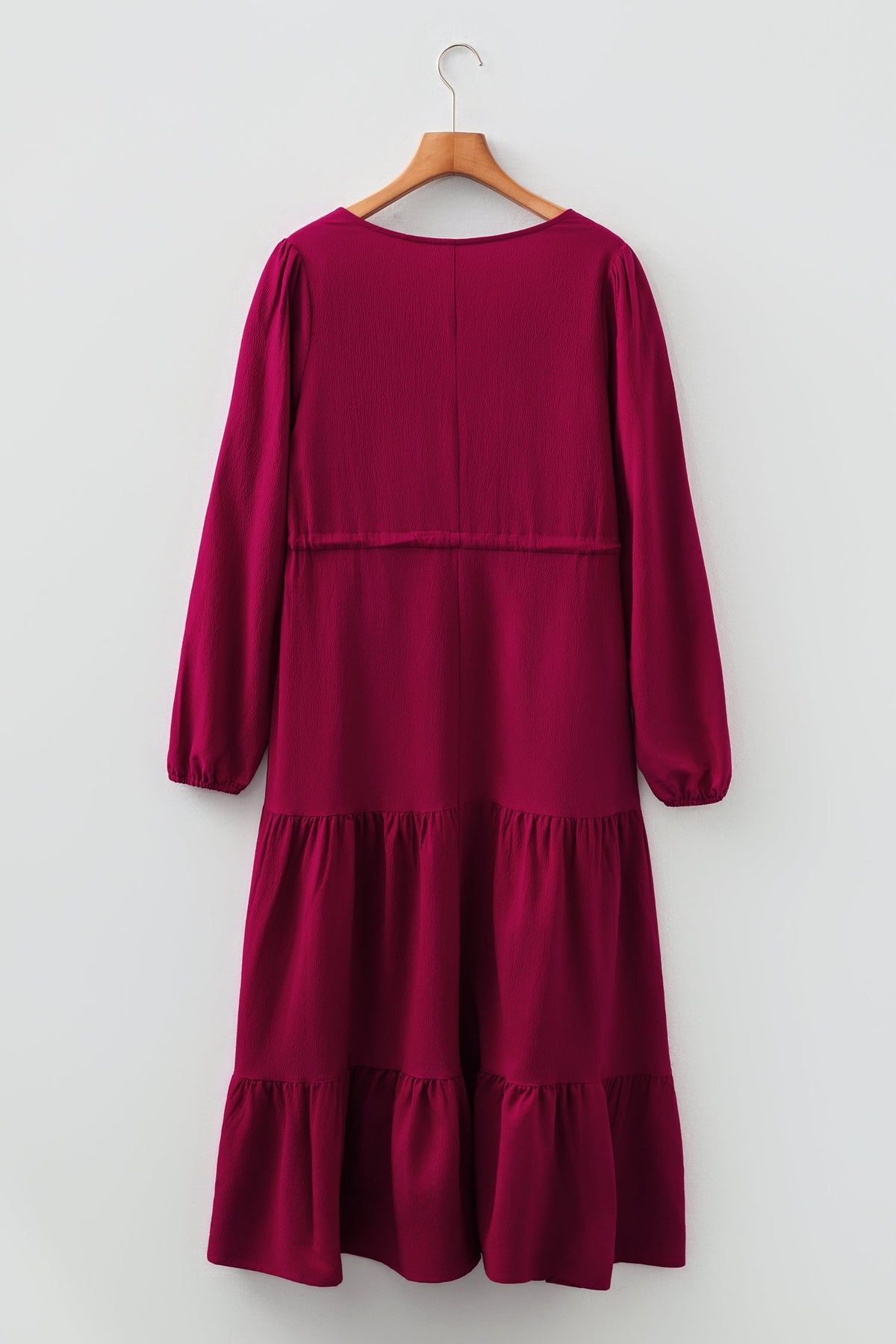 Blackish Green Solid Long Sleeve Button V Neck Tiered Maxi Dress