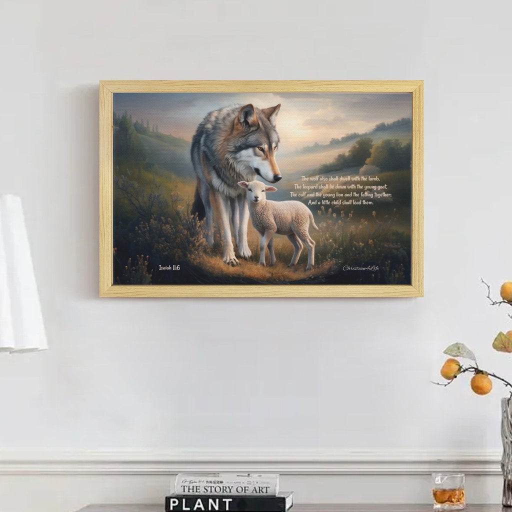Framed - Wolf and Lamb with Isaiah 11:6 Quote, Christian Canvas, Wooden Frame