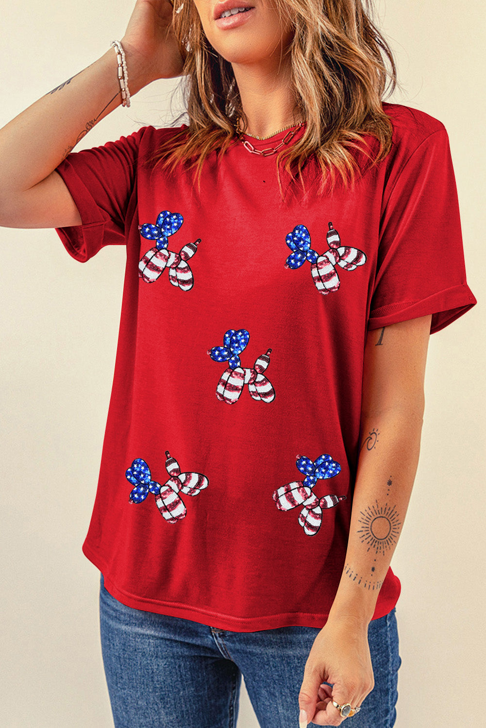Black Patriotic Sequin Balloon Puppy Graphic Crewneck Tee