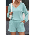 Mist Blue Corded V Neck Slouchy Top Pocketed Shorts Set Womenswear Clothing matching
