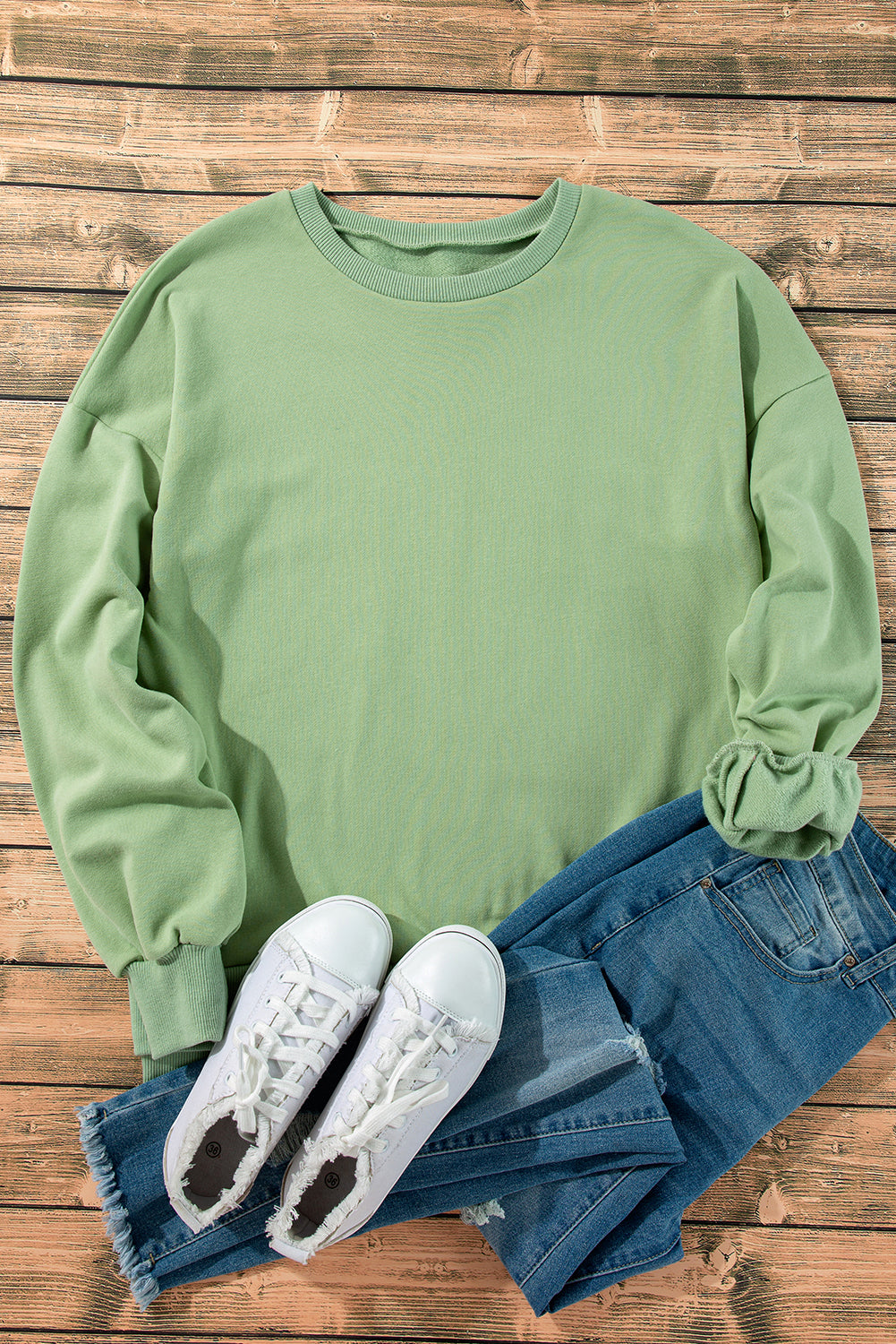 Sea Green Solid Fleece Lined Drop Shoulder High Low Sweatshirt