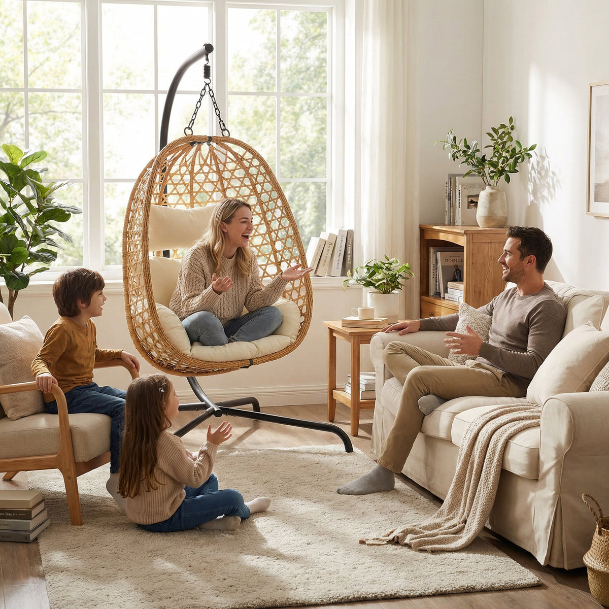 Set of 2 Egg Chairs with Stand - Patio Wicker Hanging Hammock Swing