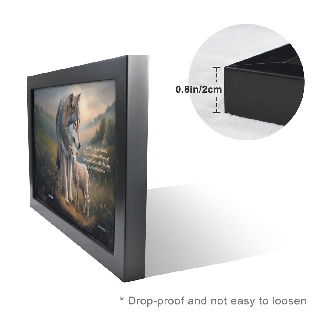 Framed - Wolf and Lamb with Isaiah 11:6 Quote, Christian Canvas, Black Frame