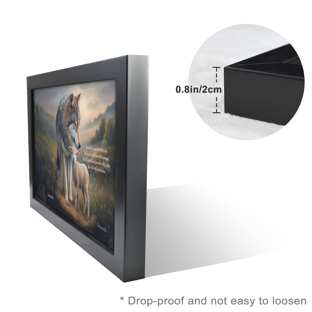 Framed - Wolf and Lamb with Isaiah 11:6 Quote, Christian Canvas, Black Frame