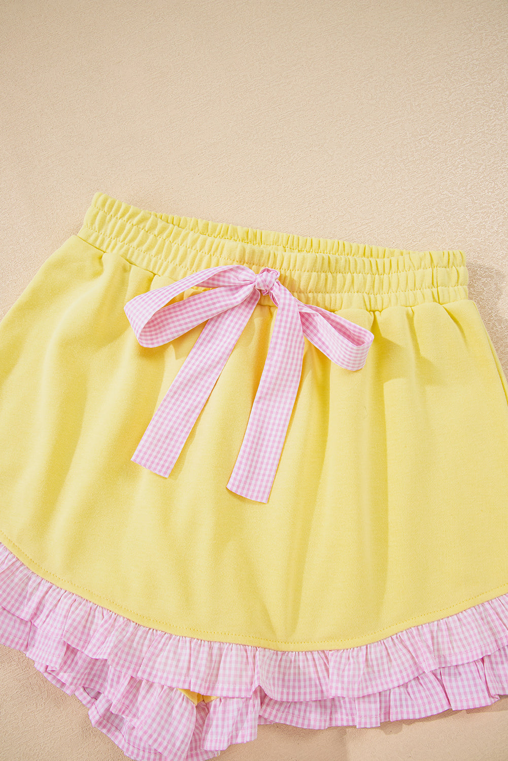 Yellow Cream Plaid Ruffled Patchwork Drop Shoulder Pullover and Drawstring Elastic Waist Shorts Matching Set