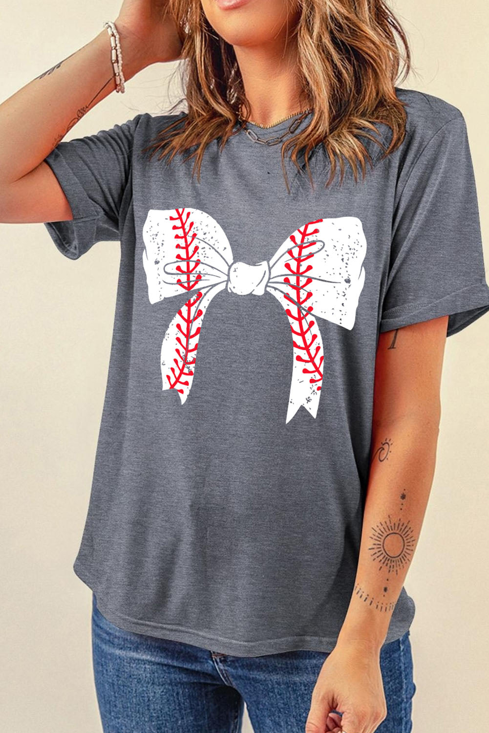 Black Baseball Bowknot Graphic Casual Tee