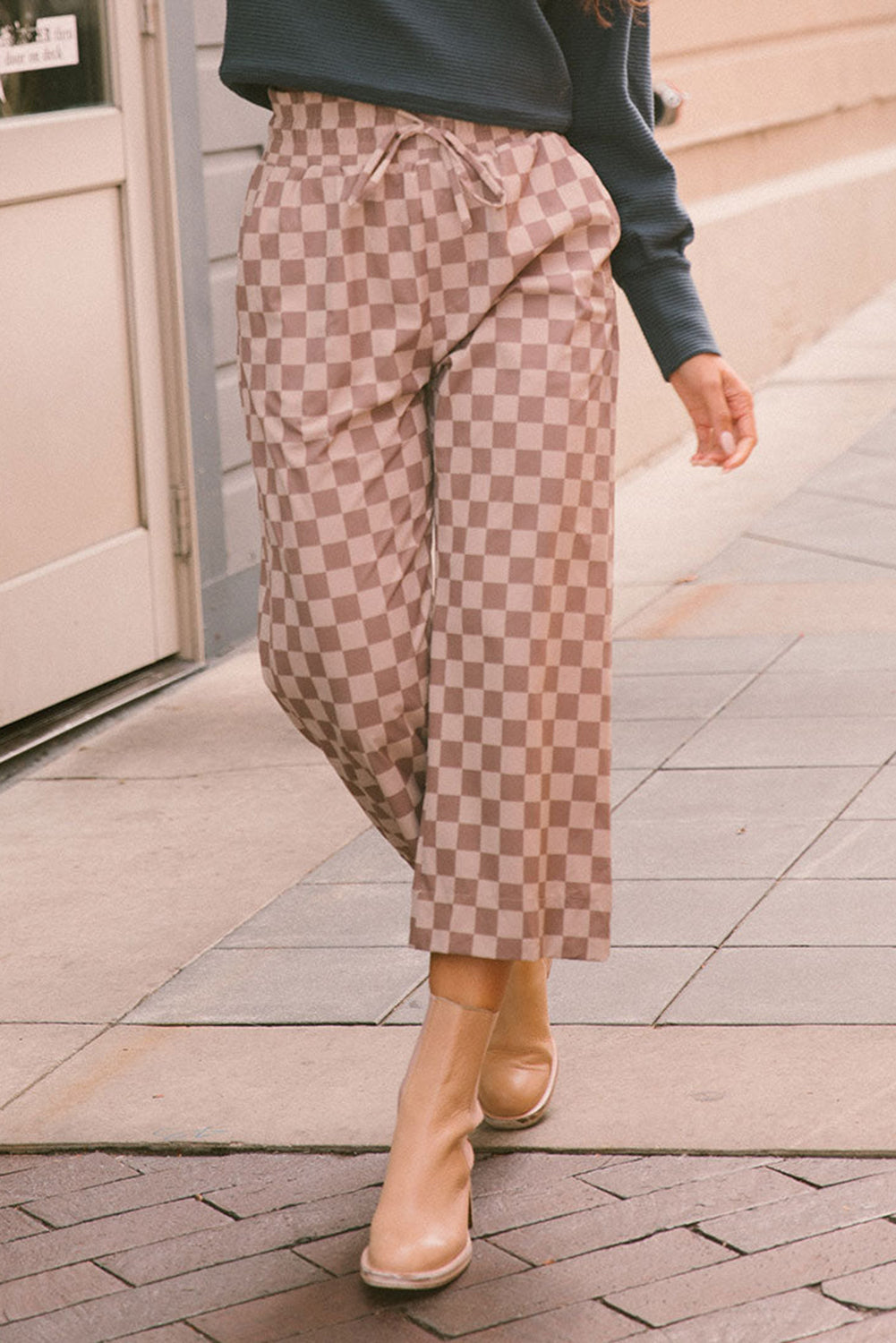 Khaki Tie Elastic Waist Checkered Loose Pants