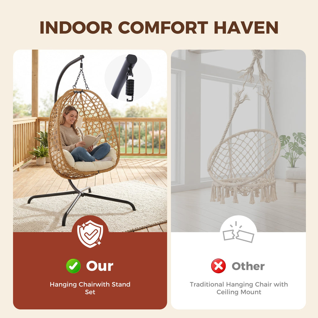 Set of 2 Egg Chairs with Stand - Patio Wicker Hanging Hammock Swing