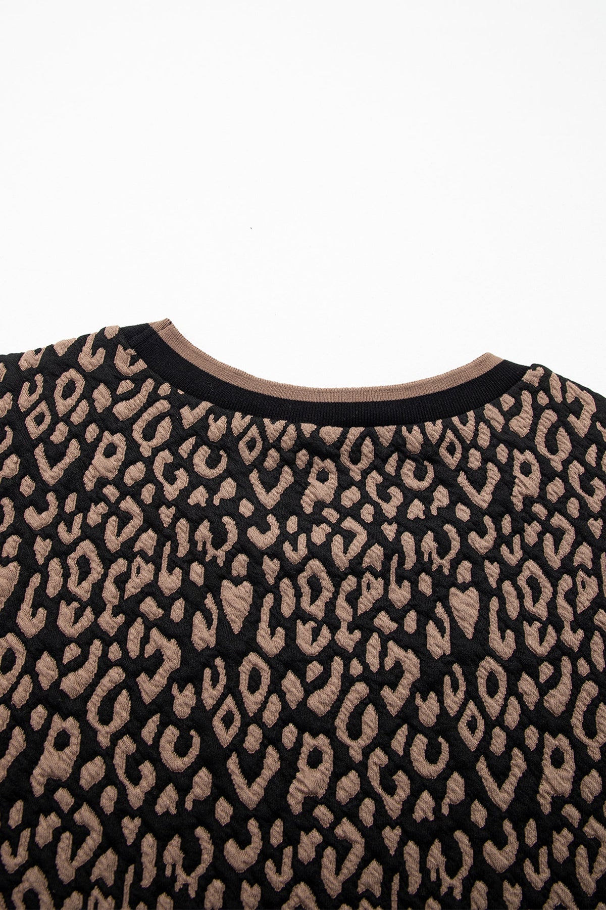 Black Leopard Print Puffy Bracelet Sleeve Contrast Trim Round Neck Top