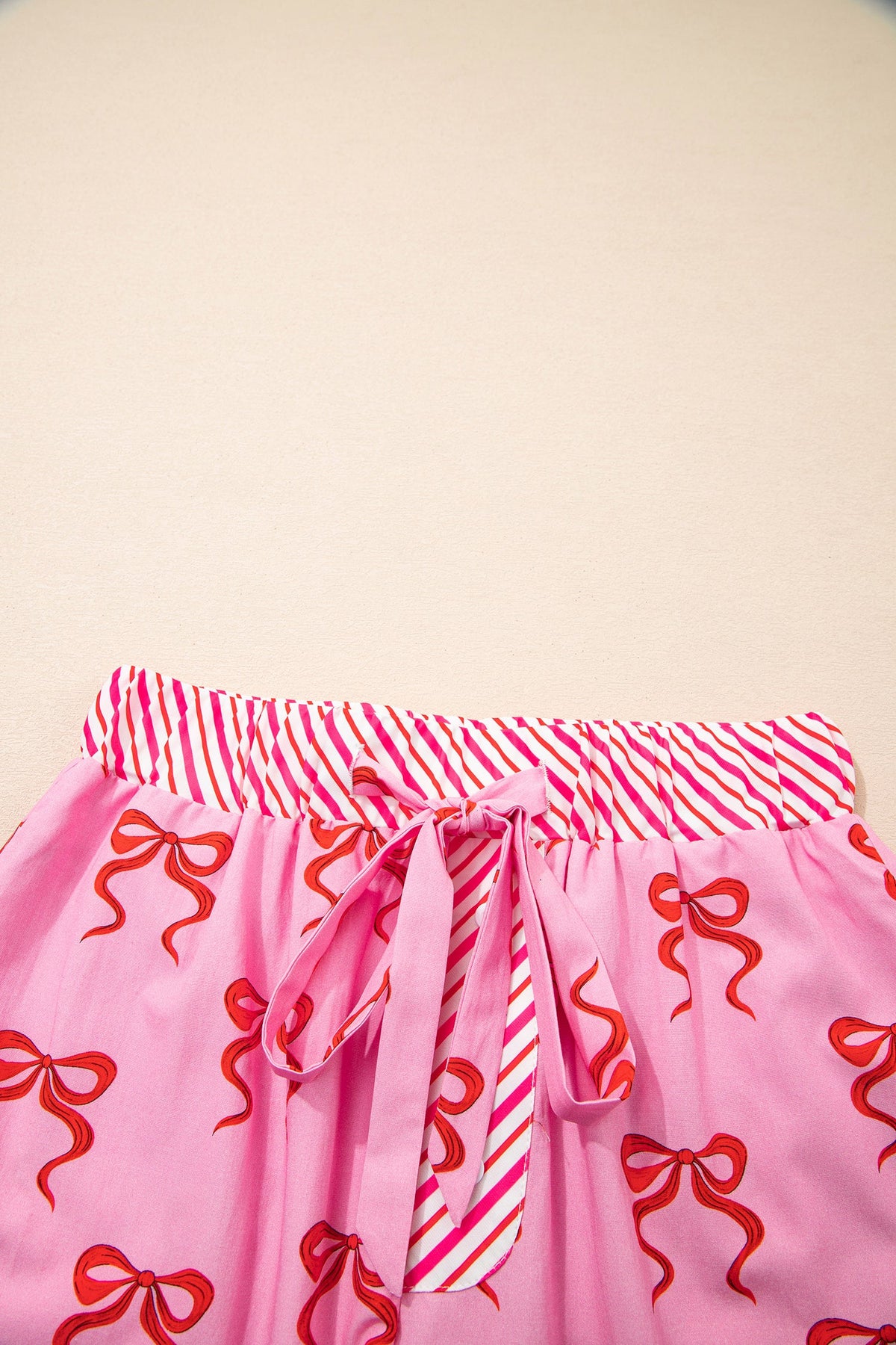 Pink Bow Print Striped Patchwork Elastic Waist Lace Trim Loose Shorts