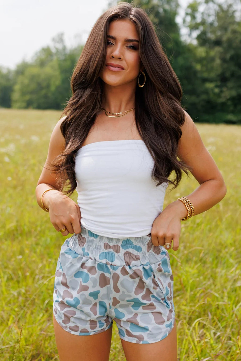Sky Blue Camouflage Print Shirred High Waist Athleisure Shorts