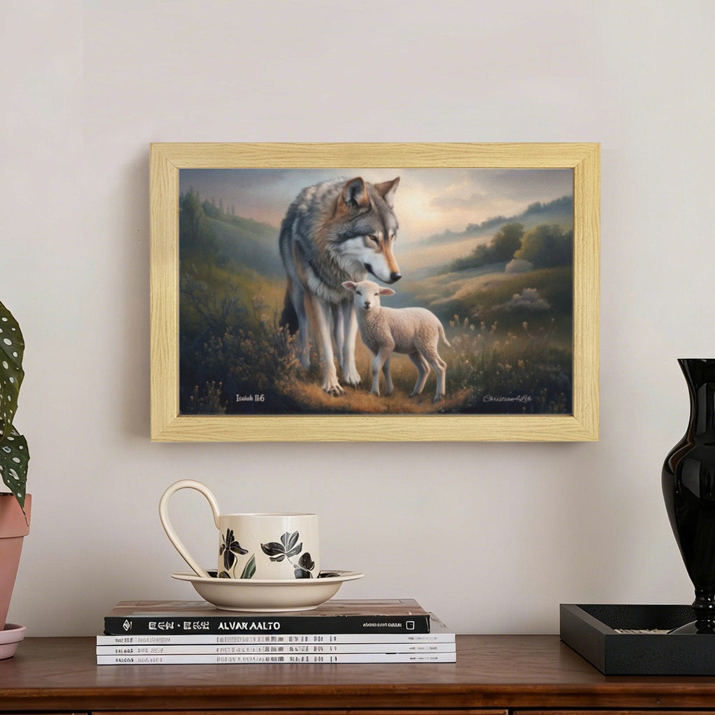 Framed - Wolf and Lamb Christian Canvas, Wooden Frame