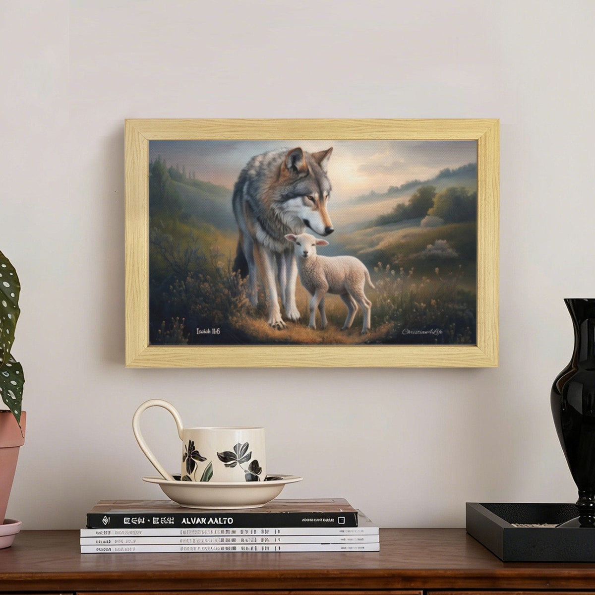 Framed - Wolf and Lamb Christian Canvas, Wooden Frame