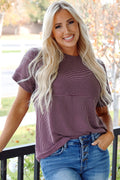 Bright Pink Plain Corded Knit Mock Neck T Shirt