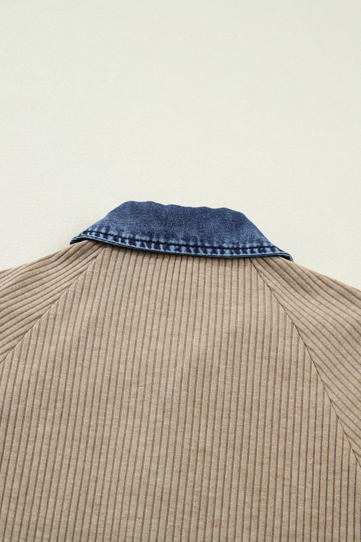 Beige Ribbed Knit Denim Patchwork Button Polo Collar Cuffed Long Sleeve Top