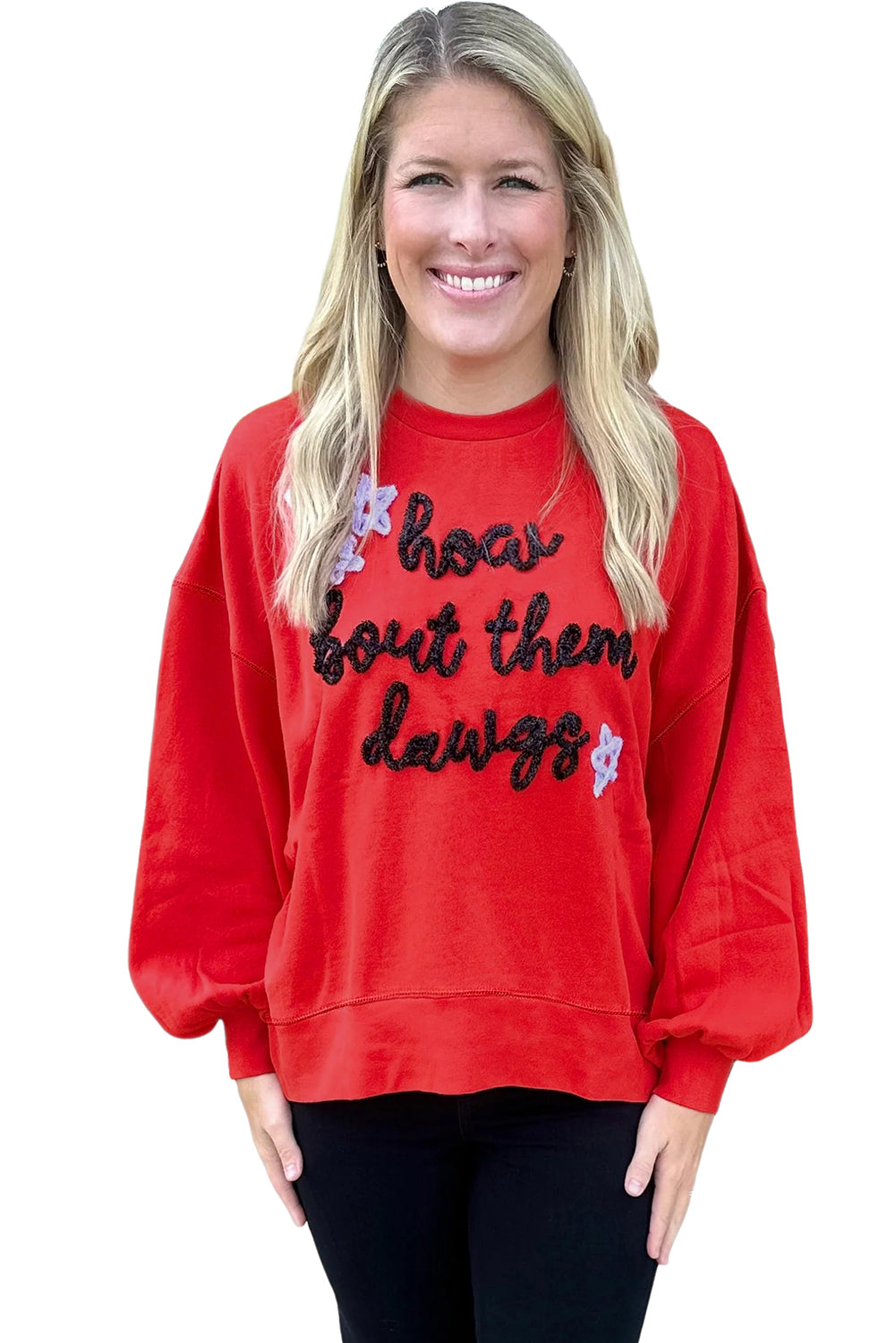 Fiery Red How Bout Them Dawgs Glitter Graphic Sweatshirt