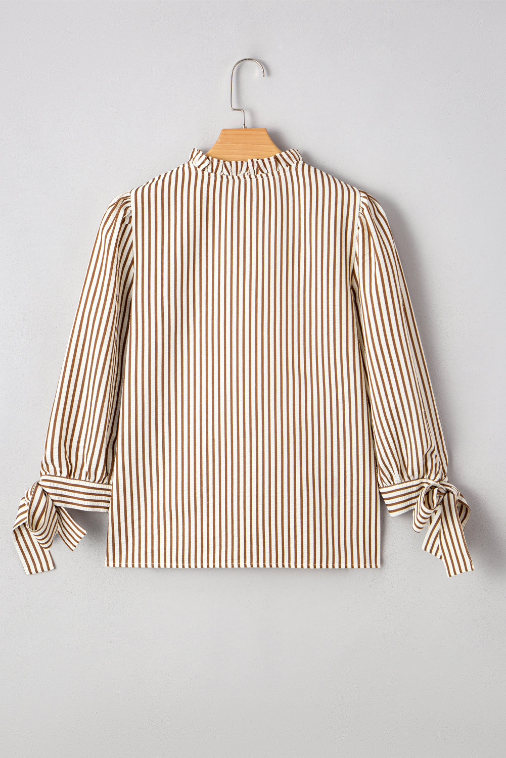 Straw Yellow Striped Print Tied Cuffs Split Neck Seersucker Blouse