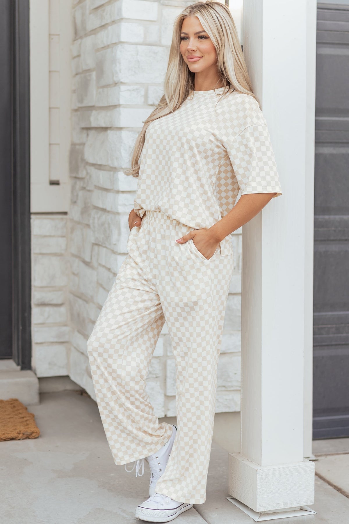 Rose Checkered Print Half Sleeve Tee 2pcs Lounge Pant Set