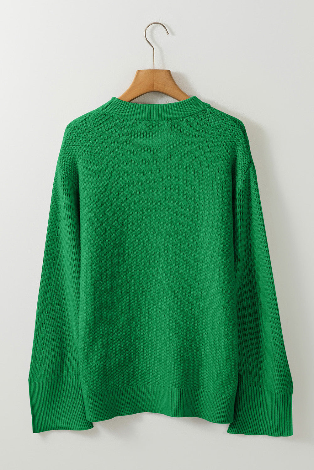 Parchment Solid Textured Knit Split Cuff Drop Shoulder Loose Sweater