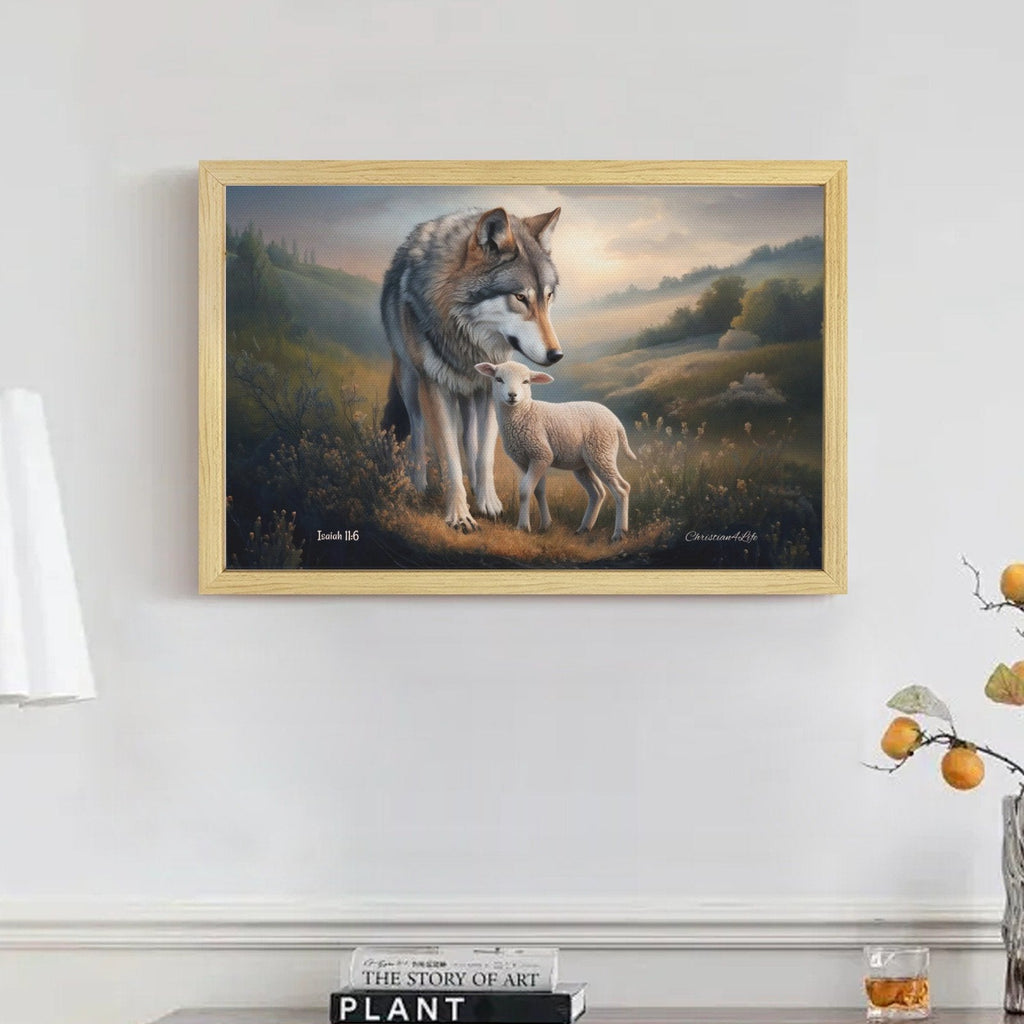 Framed - Wolf and Lamb Christian Canvas, Wooden Frame