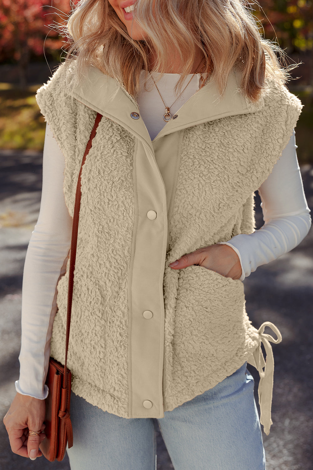 Beige Faux Fur Snap Button Front Knot Side Plush Vest with Pockets