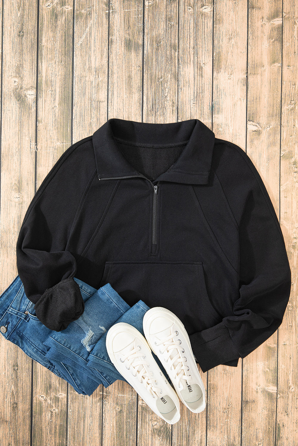 Smoke Green Quarter Zip Stand Neck Kangaroo Pocket Sweatshirt