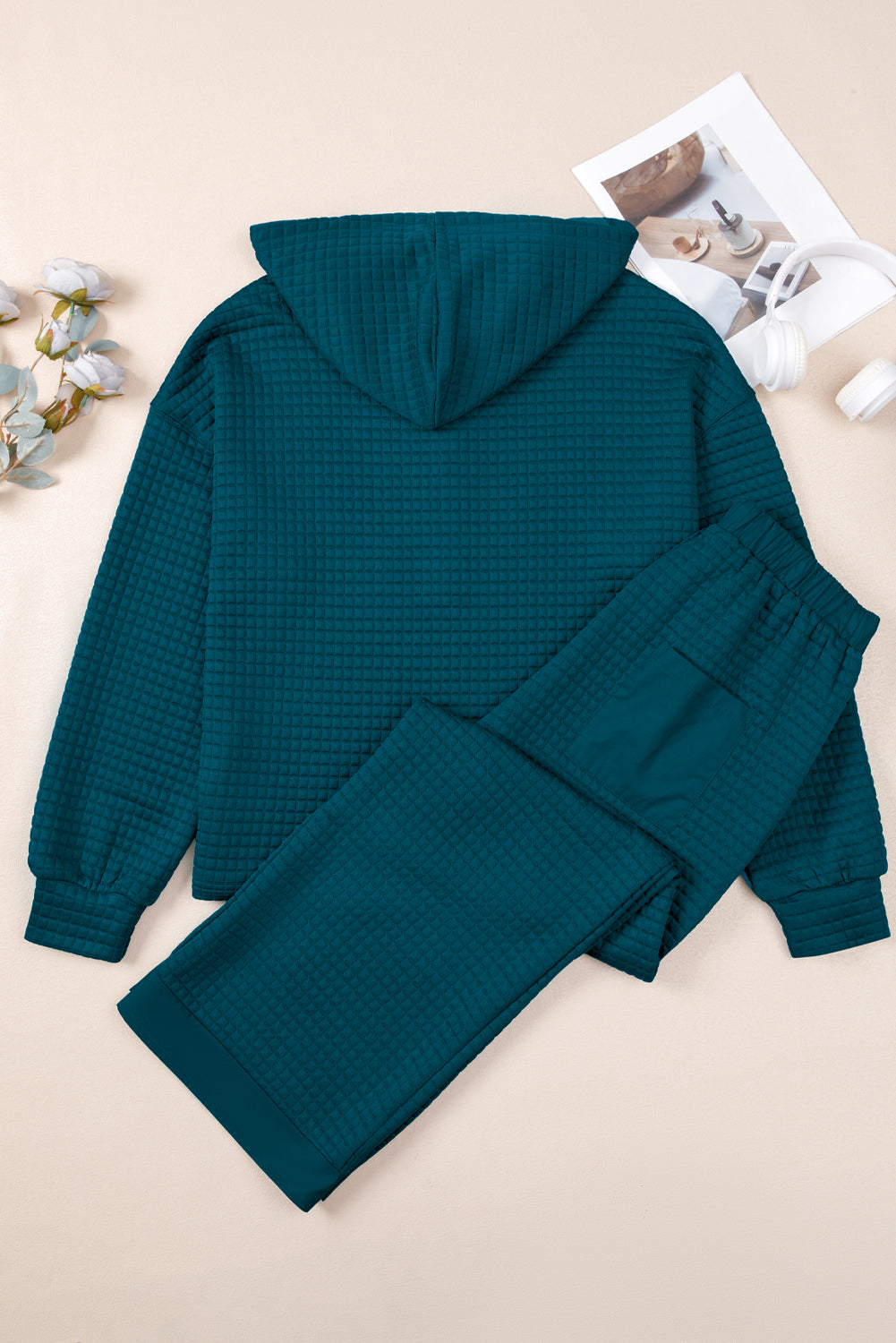 Skobeloff Checkered Texture Hooded Top and Loose Pants Set