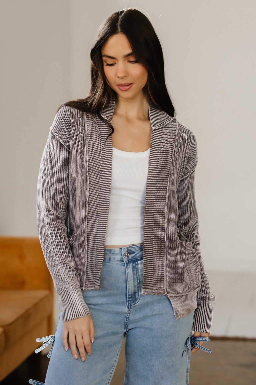 Chestnut Mineral Wash Exposed Seam Patchwork Knit Open Sweater Cardigan