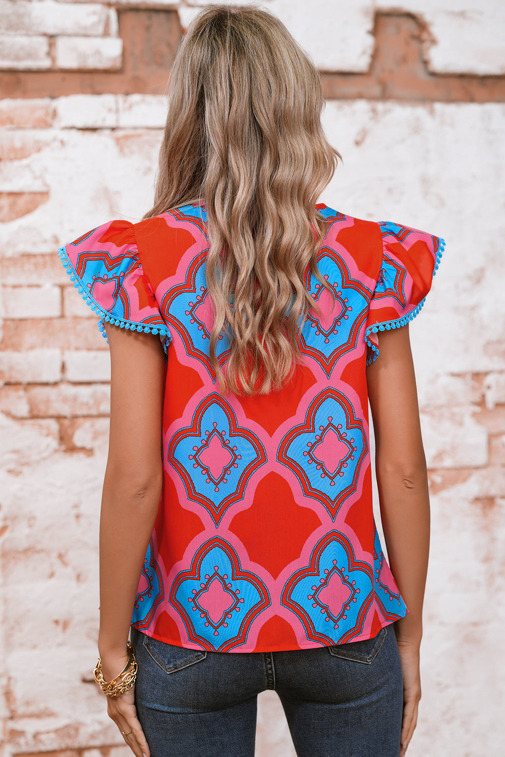 Red Random Abstract Print V Neck Ruffle Shoulder Blouse
