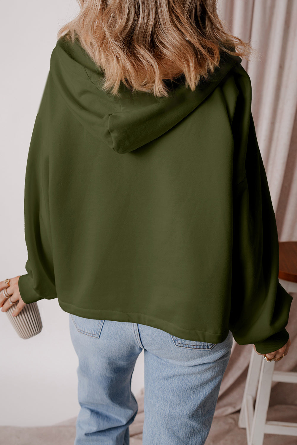 Orange Half Zipper Kangaroo Pockets Drop Shoulder Hoodie