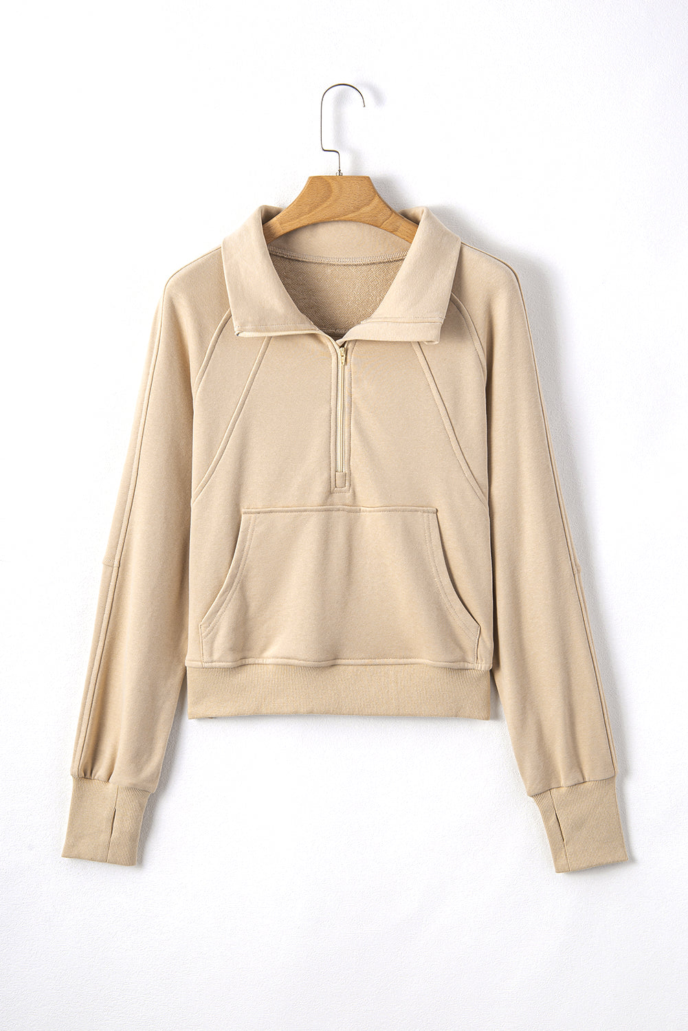 Smoke Green Quarter Zip Stand Neck Kangaroo Pocket Sweatshirt