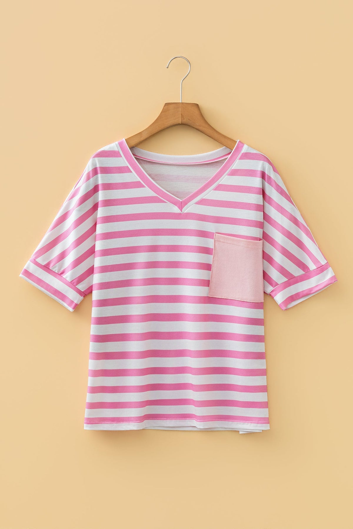 Sky Blue Stripe V Neck Patched Pocket Casual T Shirt