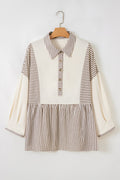 Khaki Stripe Plus Size Color Block Patchwork Half Button Long Sleeve Peplum Blouse