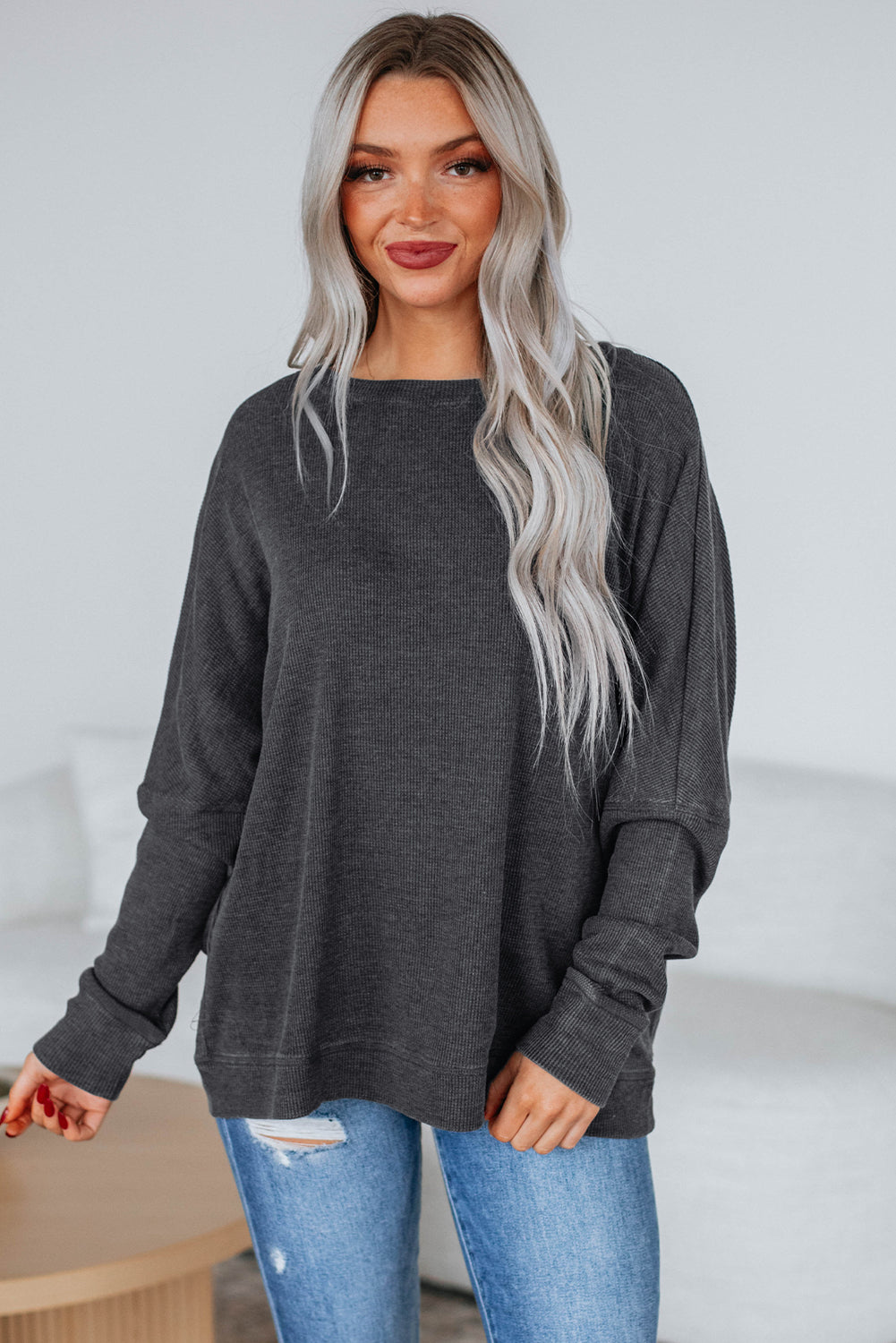 Dark Grey Waffle Knit Patchwork Long Sleeve Loose Top