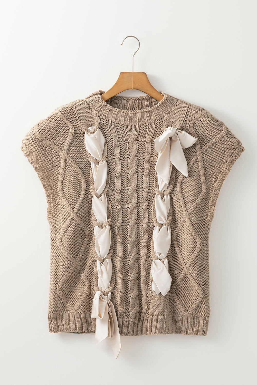 White Cable Knit Colorblock Satin Bowknot Short Sleeve Sweater