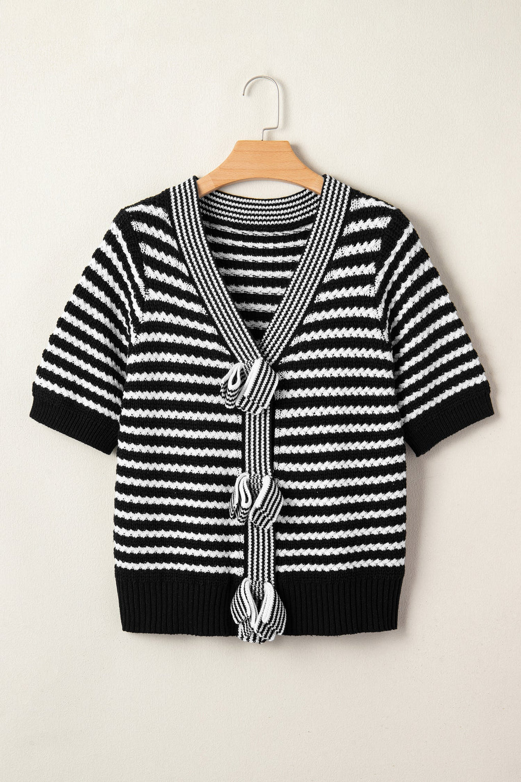 Green Stripe Short Sleeve Knit V Neck Bow Knot Sweater