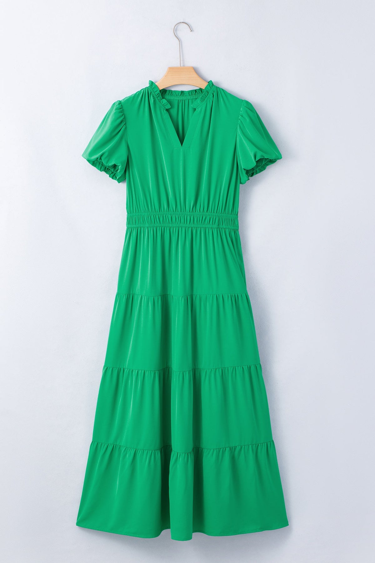 Bright Green Solid Color V Neck Short Puff Sleeve High Waist Tiered Maxi Dress