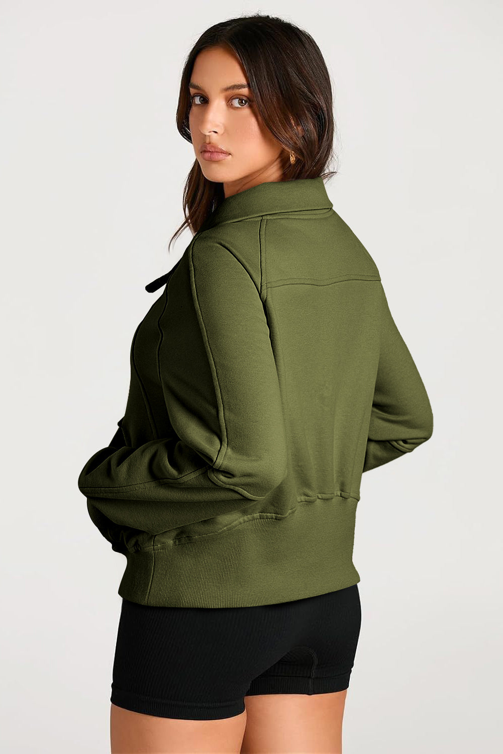 Smoke Green Quarter Zip Stand Neck Kangaroo Pocket Sweatshirt