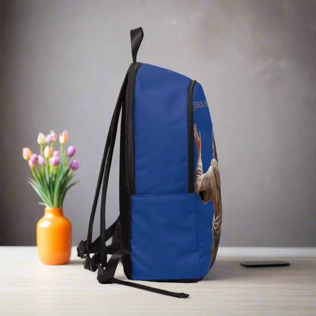 "Jesus Has My Back" design Christian Backpack (Choose Blue Shade)