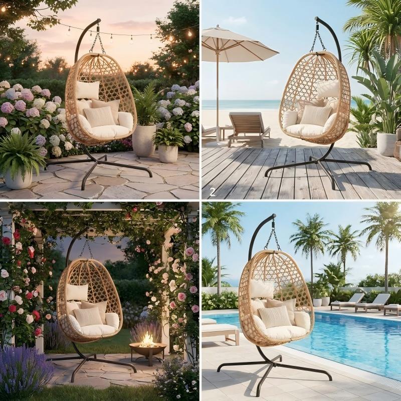 Set of 2 Egg Chairs with Stand - Patio Wicker Hanging Hammock Swing