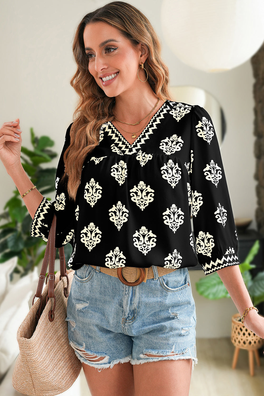 Green Damask Floral Print Contrast V Neck 3/4 Sleeve Blouse