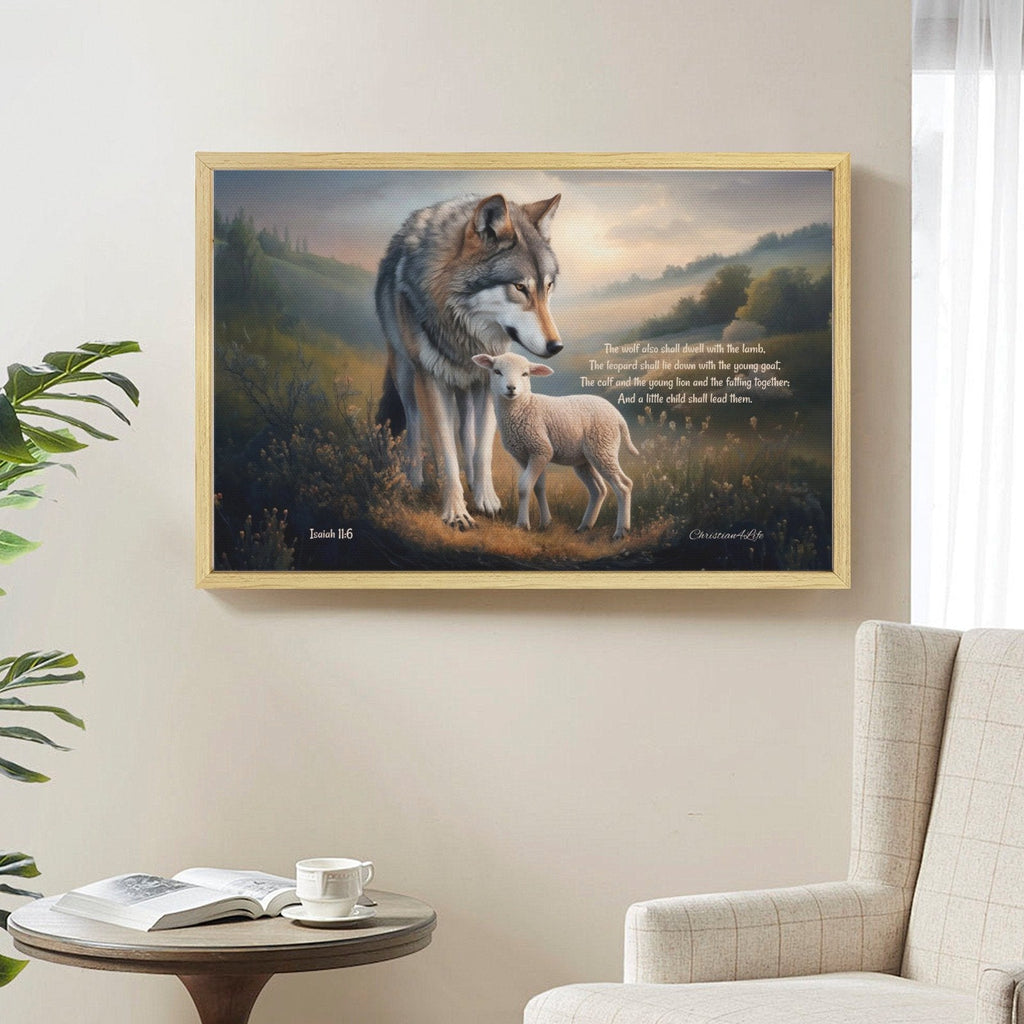 Framed - Wolf and Lamb with Isaiah 11:6 Quote, Christian Canvas, Wooden Frame