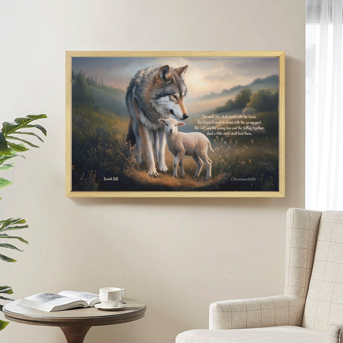 Framed - Wolf and Lamb with Isaiah 11:6 Quote, Christian Canvas, Wooden Frame