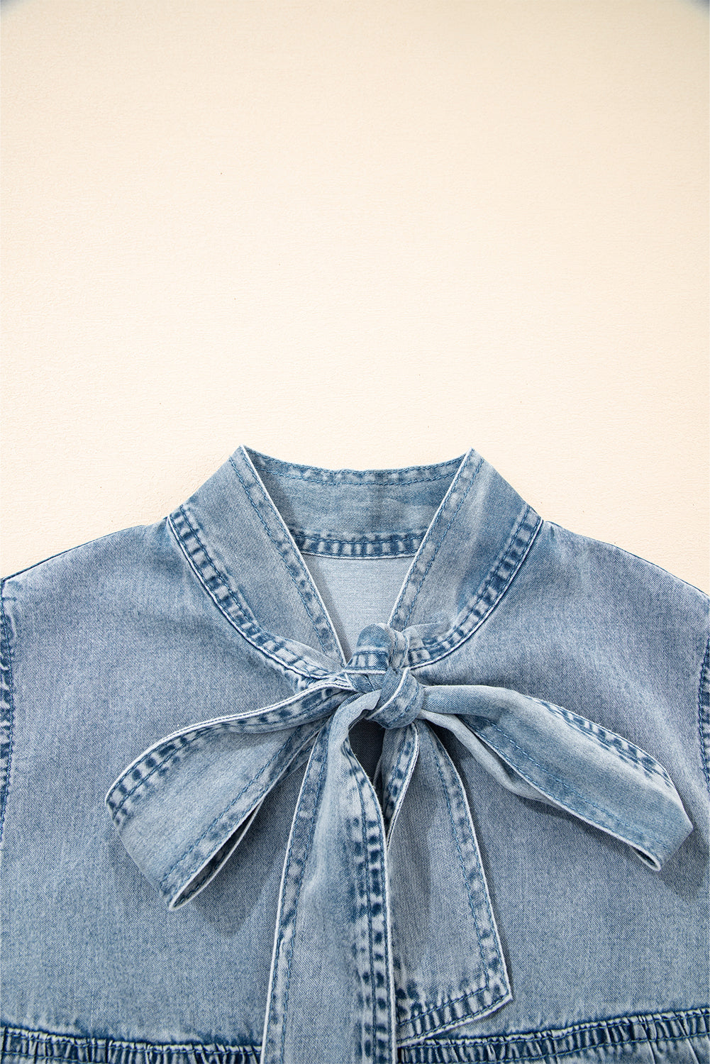 Real Teal Bowknot Neck Ruffled Sleeveless Chambray Dress