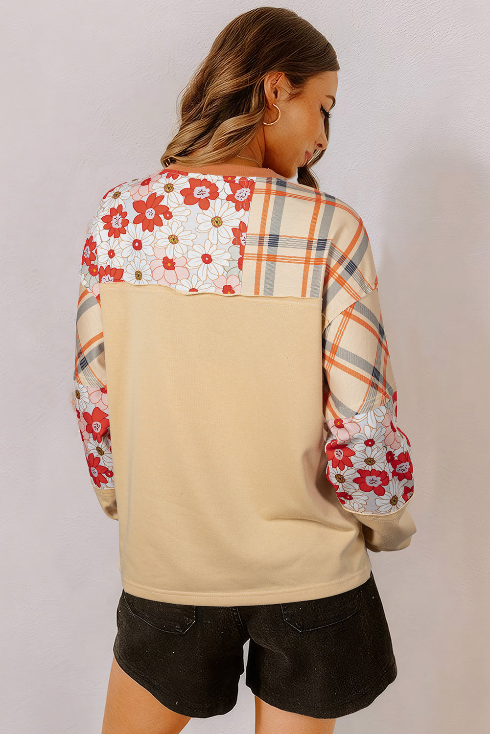 Parchment Floral Plaid Patchwork Casual Top