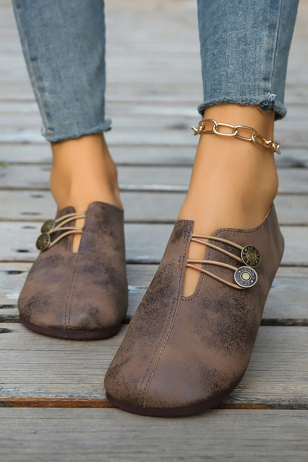 Coffee Button Detail Vintage Faux Leather Loafer Shoes